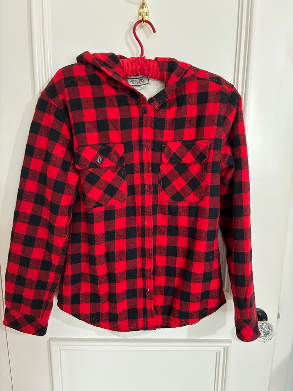 Boston Traders Red and Black Buffalo Plaid Hooded Button-Down Shirt